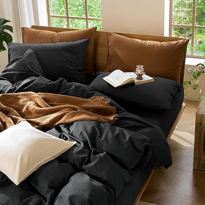 MooMee Bedding Duvet Cover Set 100% Washed Cotton Linen Like Textured Breathable Durable Soft Comfy (Solid Black, Oversized Queen 98"x98")