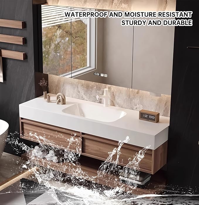 52" Bathroom Vanity, Floating Bathroom Vanity with Sink, Solid Wood Vanities with Smart Defogging Mirror Cabinet, Slate Countertop and Faucet, Wall Mount Bath Furniture Cabinet with Drawers (Walnut)