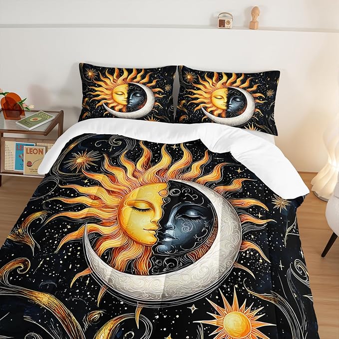 Sun and Moon Bedding Set Queen Size,Yellow Galaxy Celestial Bedding for Kids Boys Girls Teens Room Boho Decor,Black and Yellow Fluffy Comforter Sets with 2 Pillowcases.