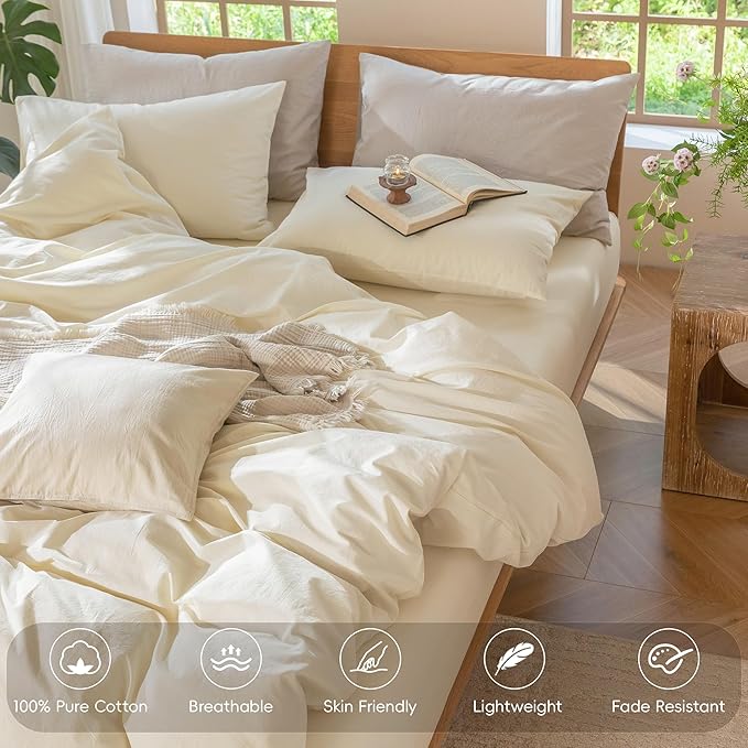 MooMee Bedding Duvet Cover Set 100% Washed Cotton Linen Like Textured Breathable Durable Soft Comfy (Solid Cream White, Super Queen 90"x98")