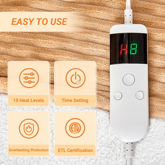 Heated Blanket Electric King, Soft Flannel Heating Blanket with 8 Hours Auto Off 10 Fast Heating Levels Machine Washable Sherpa Heated Blanket with Overheating Protection