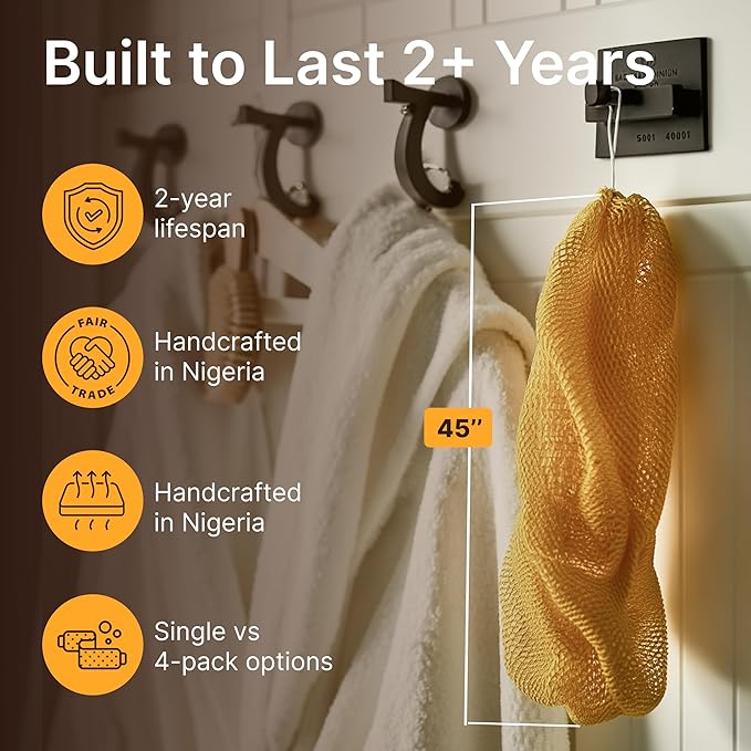 Nubiana African Net Sponge Authentic - 45 Inch Exfoliating Body Sponge from Nigeria - Natural Bath Sponge for Smooth Soft Skin - Long Lasting Quick-Drying - Single Pack (Yellow)