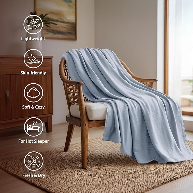 Queen Size Blanket, 70% Rayon (Derived from Bamboo) and 30% Cotton, Lightweight Jacquard Weave, Breathable and Soft Summer Blanket for Bed or Couch, 90” x 90”, Light Blue