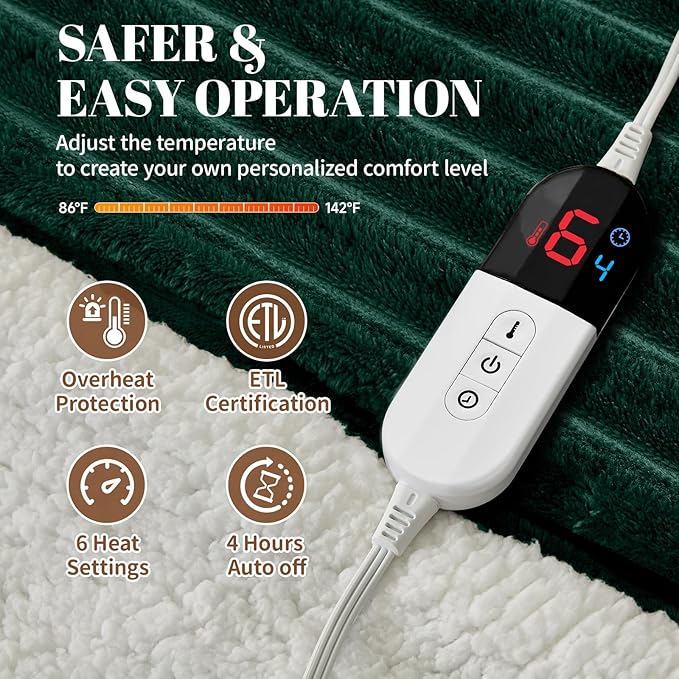 Electric Heated Throw Blanket - 50"x60" Fast Heating Bed Blankets with 6 Heating Levels & 4 Hours Auto Off, Soft Ribbed Flannel Sherpa, Over-Heated Protection ETL, Dark Green