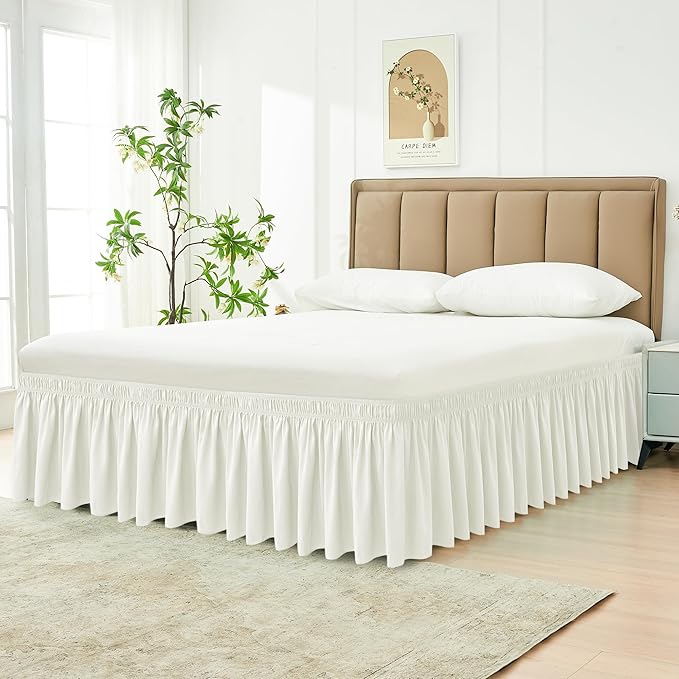 Biscaynebay Wrap Around Bed Skirts for Queen Beds 22" Long Drop, Ivory Adjustable Elastic Dust Ruffles Easy Fit Wrinkle Resistant Silky Luxurious Fabric Machine Washable