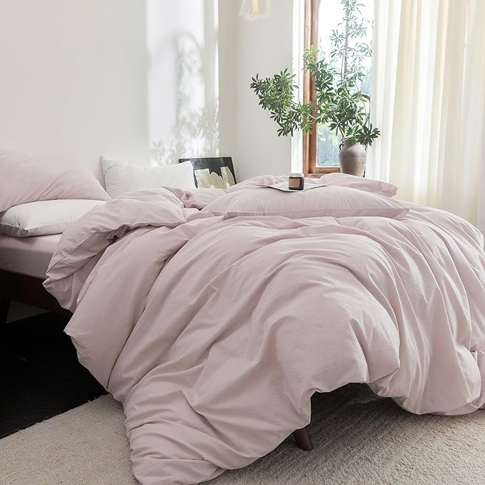 FOSSA Duvet Cover Set 100% Washed Cotton Linen Feel Super Soft Breathable Cozy 3 Pieces Bedding Sets Solid Greyish Pink Twin