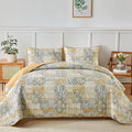 Mybedsoul Yellow Boho Quilt Set Queen Size 3 Pieces Grey and Yellow Plaid Floral Bedding Set Microfiber Lightweight Bohemian Patchwork Bedspread Coverlet Set for All Season 90"x96"
