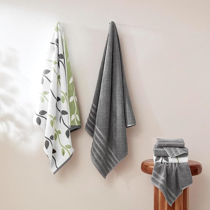 Modern Threads Organic Vines 6-Piece 100% Cotton Towel Set – Yarn Dyed Jacquard & Solid – Includes 2 Bath Towels, 2 Hand Towels, 2 Washcloths – Absorbent, Quick Dry, Soft & Durable – Gray