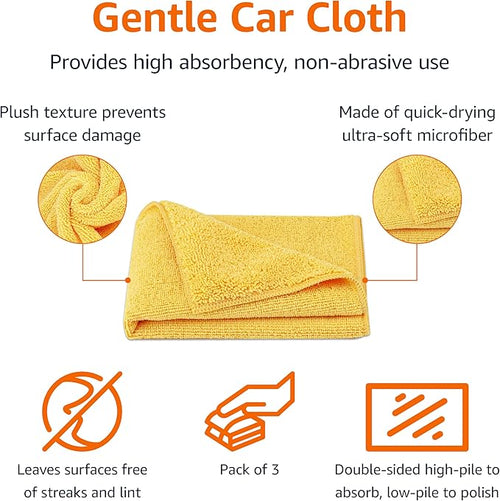 Amazon Basics Microfiber Car Drying Towels (3-Pack), Lint Free, Scratch Free, Highly Absorbent Drying Towel for Cars, 16" x 16", Yellow