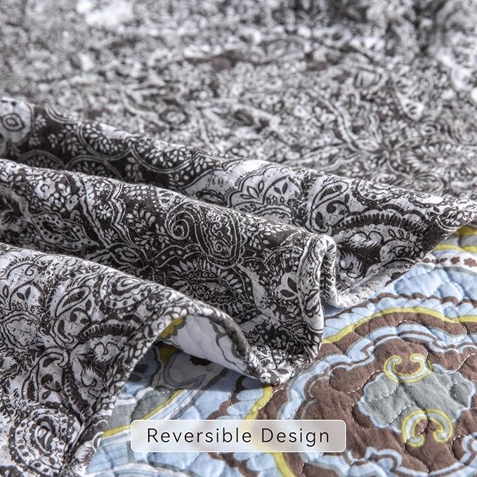 YAYIDAY Quilts Queen Size Patchwork Bedspread Set - 100% Cotton Reversible Breathable Grey Quilted Quilt with Pillow Shams Fit All Seasons