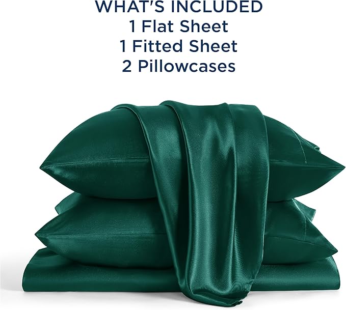 Bedsure Satin Sheets Full Size - 4 Piece Silky Bedsheets with 15 Inches Deep Pocket Fitted Bedsheet,1 Flat Sheet, 2 Satin Pillowcases, Good for Hair & Skin (Full, Dark Green)