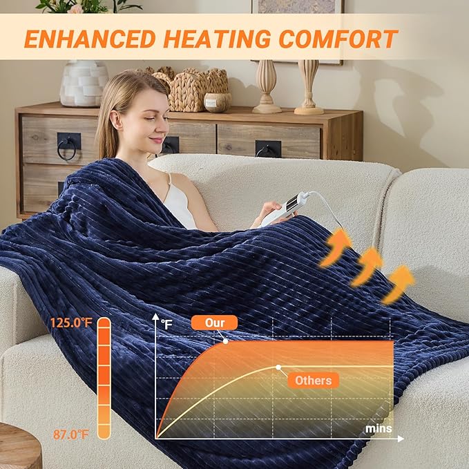 Heated Blanket Electric Throw, Soft Flannel Heating Blanket with 8 Hours Auto Off 10 Fast Heating Levels Machine Washable Sherpa Heated Blanket with Overheating Protection