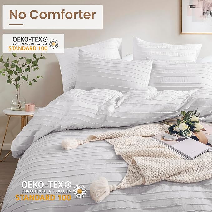 NEXHOME PRO Duvet Cover Full Size, Light Grey 3 Pieces Boho Tufted Duvet Cover Set, Soft and Lightweight Microfiber Comforter Cover Set for All Season (Light Grey Full, 80 x 90)-No Comforter