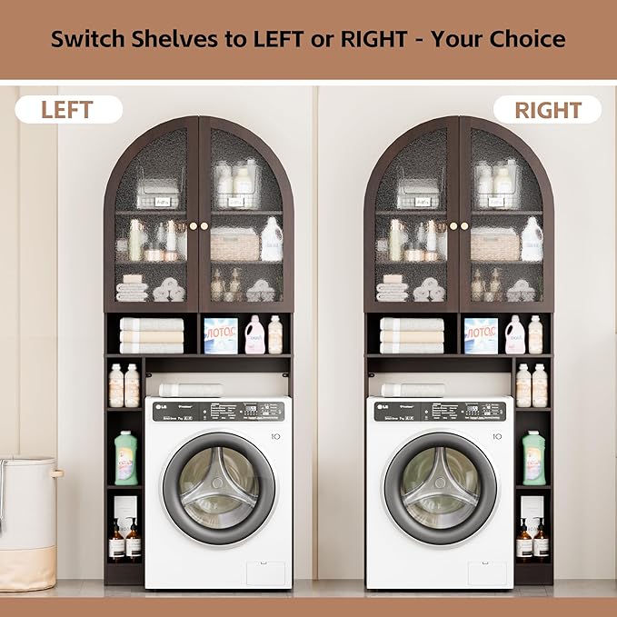 Over The Toilet Storage Cabinet, 29.7”W Modern Storage Cabinet Over Toilet with Acrylic Doors, Arched Freestanding Over Toilet Rack with Adjustable Shelf for Bathroom, Espresso