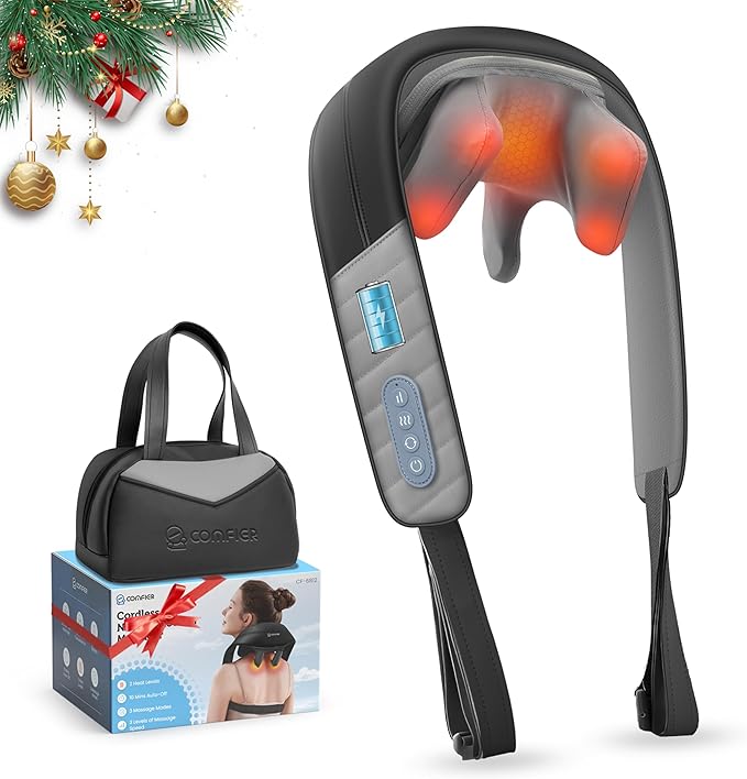 COMFIER 4D Neck Massager for Pain Relief Deep Tissue,Hands-Free Massager for Neck and Shoulder Pain, Wireless Back Massager with Storage Bag, Gift for Mom Dad Women Men