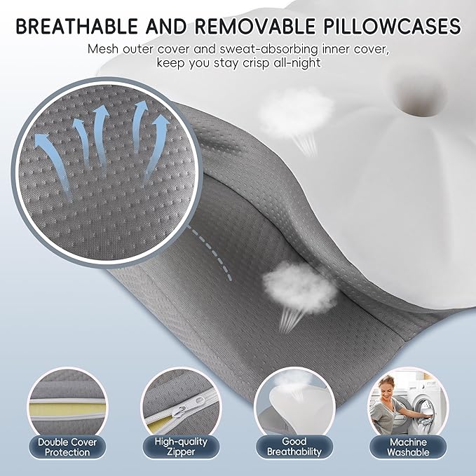 Cervical Neck Pillow, Ergonomic Side Sleeper Pillow for Pain Relief, Cooling Pillow for Sleeping, Neck and Shoulder, Contour Orthopedic Memory Foam Pillows for Back Stomach Sleepers White Grey