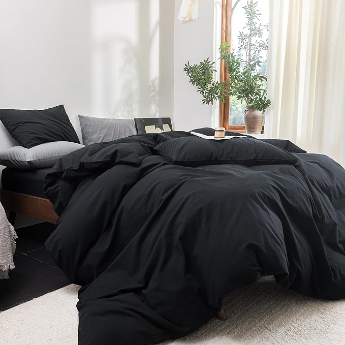 FOSSA Duvet Cover Set 100% Washed Cotton Linen Feel Super Soft Breathable Cozy 3 Pieces Bedding Sets Solid Black Queen