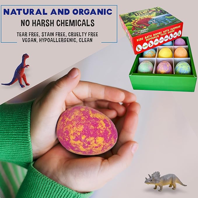 Bath Bombs for Kids with Surprise Toys Inside Plus Dinosaur Puzzle - 9 Organic Dino Egg Bath Bombs, Gentle and Kids Safe, Fizzy Balls with Rich Bubbles, Stocking Stuffers Christmas Gifts for Kids