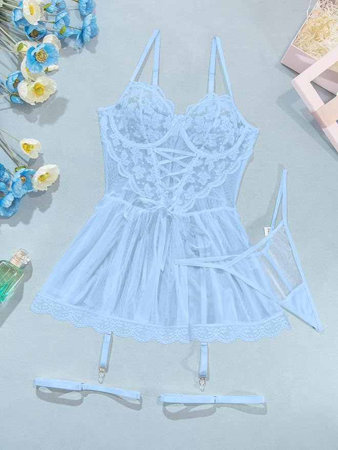 Lilosy Sexy Garter Belt Mesh Lace Babydoll Lingerie Dress Set with Thong