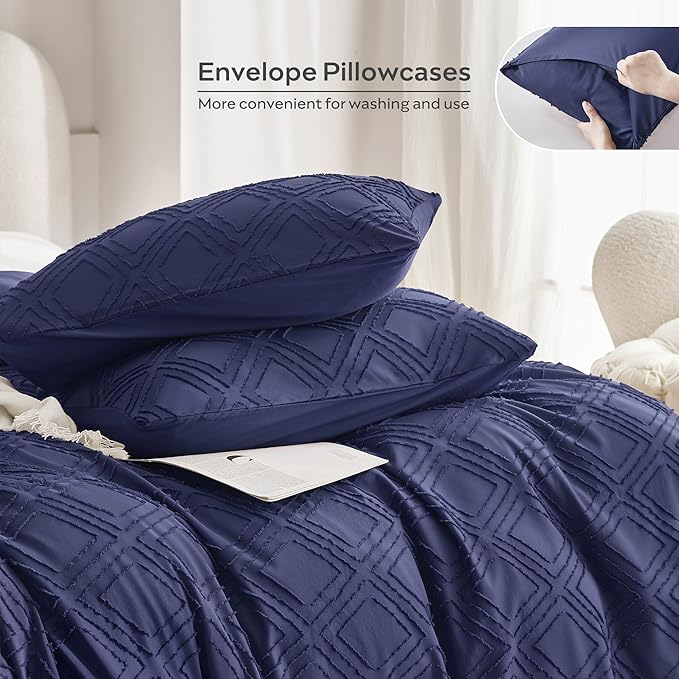 JELLYMONI Duvet Cover Queen Size Navy Blue - 3PCS Boho Duvet Cover Set Plaid Polyester Tufted Bohemian Jacquard Knit Textured Comforter Cover 90×90in Rhombic Geometric Pattern Zipper Corner Tie