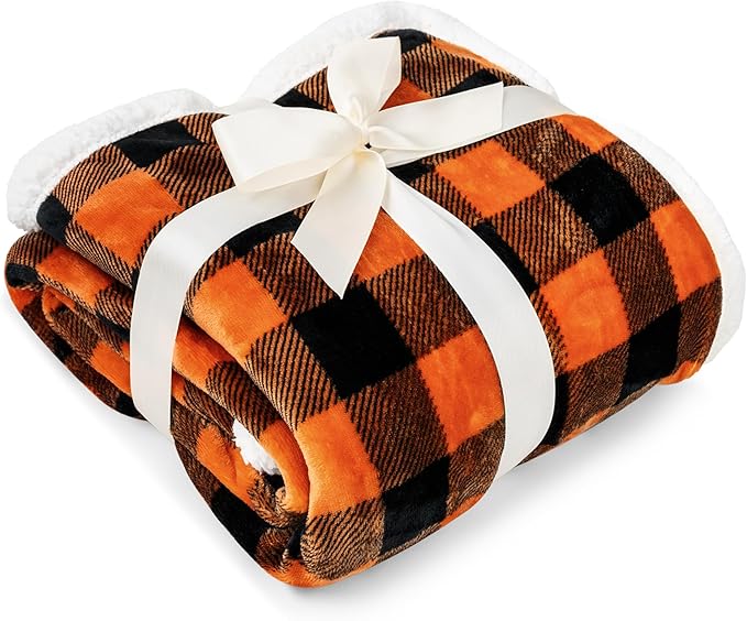 PAVILIA Black Orange Buffalo Plaid Sherpa Throw Blanket for Couch Twin, Soft Fuzzy Flannel Blanket for Bed, Plush Halloween Checkered Fleece Blanket and Throws, Warm Thick Winter Blanket Gift, 60x80