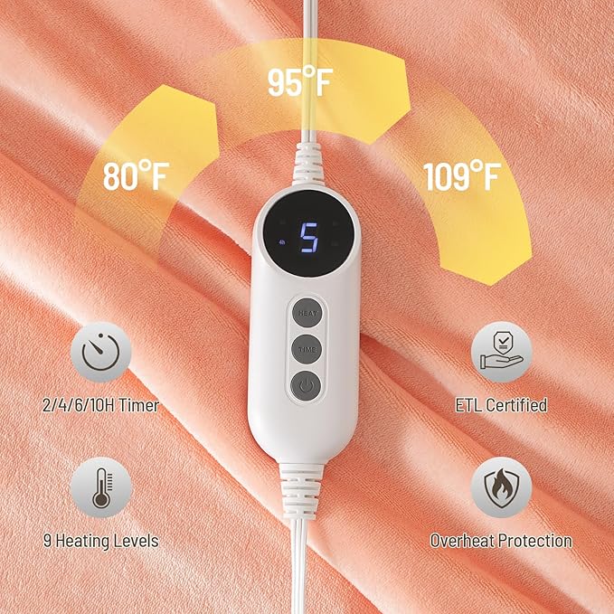 Electric Heated Blanket Throw 50"x60" - Soft Cozy Flannel & Sherpa Fabric Dual-Sided, 9 Heat Settings & 10H Auto Off, Warming Heated Throw for Home Office, Machine Washable, Light Coral Pink