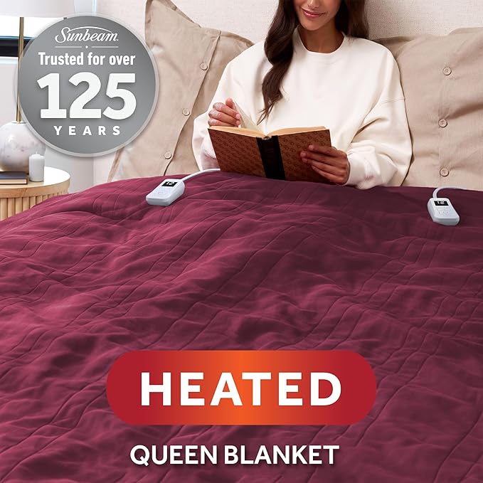 Sunbeam Electric Royal Luxe Microplush Heated Blanket, 12 Heat Settings, 12-Hour Auto Shut-Off, Fast Heating, Warm & Cozy, Machine Washable, Cabernet Color, Queen (90" x 84")