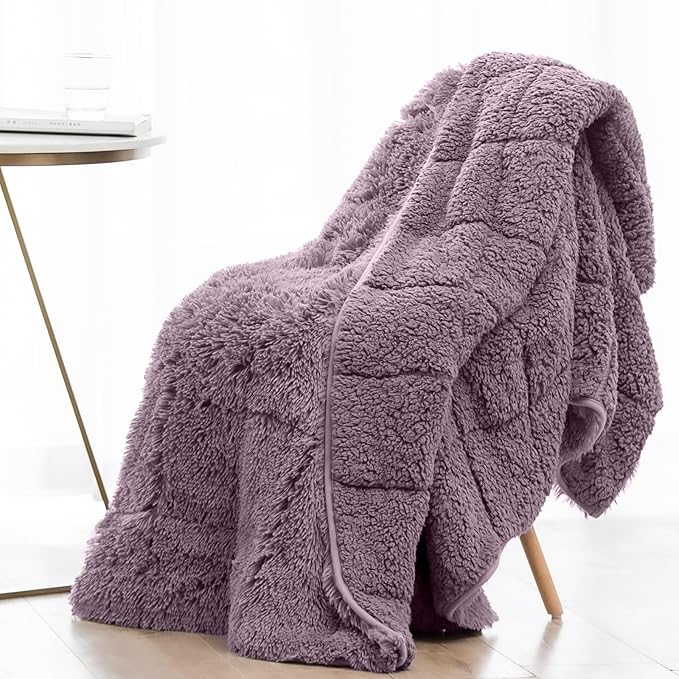 Wemore Shaggy Long Fur Faux Fur Weighted Blanket, Cozy and Fluffy Plush Sherpa Long Hair Blanket for Adult 15lbs, Fluffy Fuzzy Sherpa Reverse Heavy Blanket for Bed, Couch, Pink Purple, 48 x 72 Inches