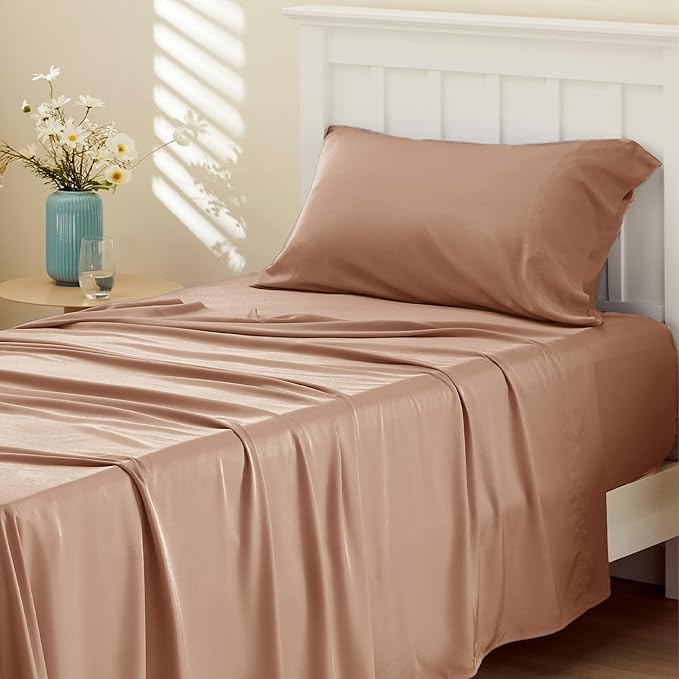 Bedsure Cooling Sheets Twin XL, Rayon Derived from Bamboo, Breathable & Soft Twin XL Sheet Sets, Deep Pocket Up to 16 Inches, Hotel Luxury Silky Dorm Bedding for Hot Sleepers, Khaki
