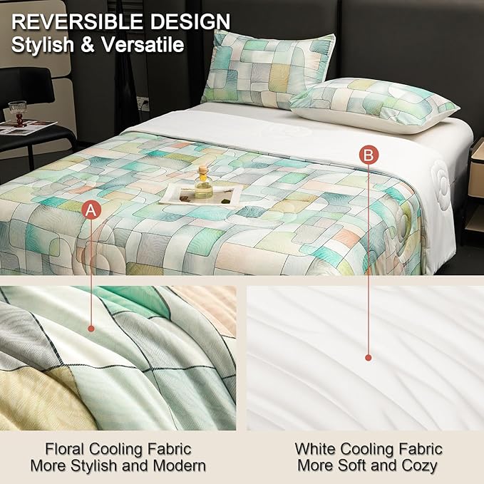 Cyusri Print Cooling Comforter Set 3Pcs Breathable Cool King Size Bedding Set with 2 Pillowcases Green Geometric Pattern Silky Cold Quilt, 108"x90"