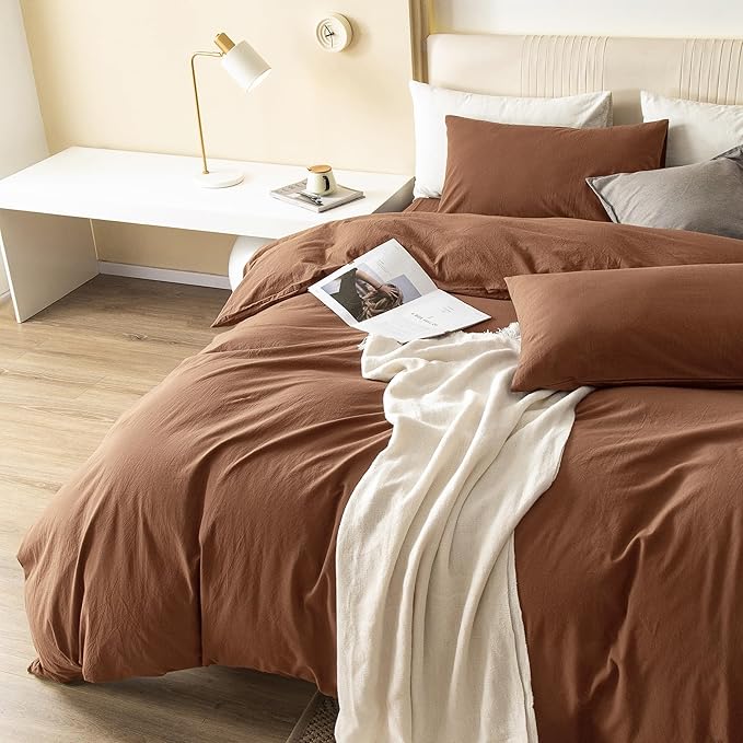 JIYUAN 100% Washed Cotton Duvet Cover Set 3 Pieces Super Queen, 1 Duvet Cover 90x98 Inches(Comforter Not Included) and 2 Pillowcases,Linen Feel Bedding Set Comfy and Breathable,Burnt Orange