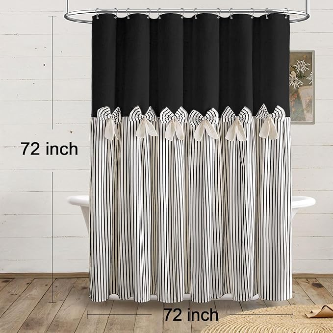 Farmhouse Shower Curtain Linen Blcak Bow Woven Fabric Country Rustic Western, Pleated Black Stripe 72" W x 72" L