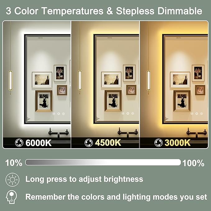 28x36 Inch Black LED Bathroom Mirror with Front & Back Ligths, Adjustable 3000K/4500K/6000K, Lighted Bathroom Vanity Mirror, Memory, Dimmable, Anti-Fog, Wall Mounted, Horizontal/Vertical