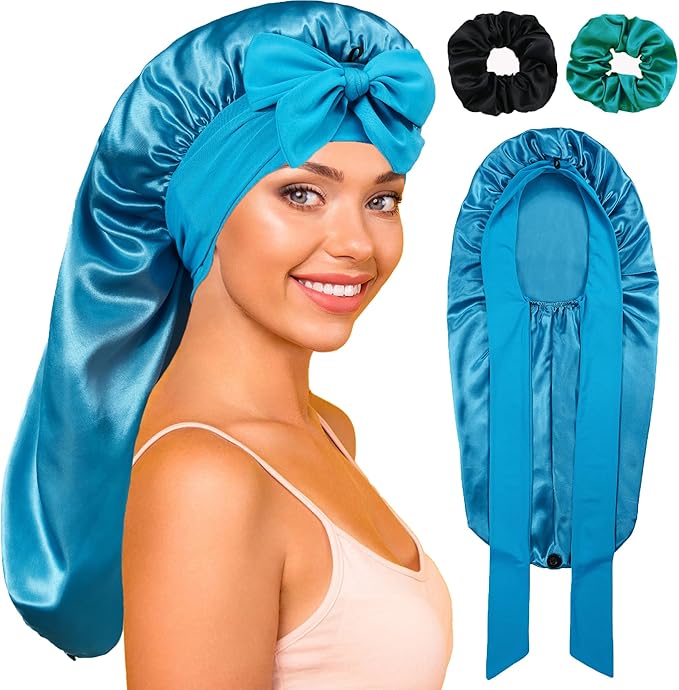 Long Satin Bonnet with Tie Band for Sleeping Women - Silk Sleep Bonnet for Curly Hair and Braids