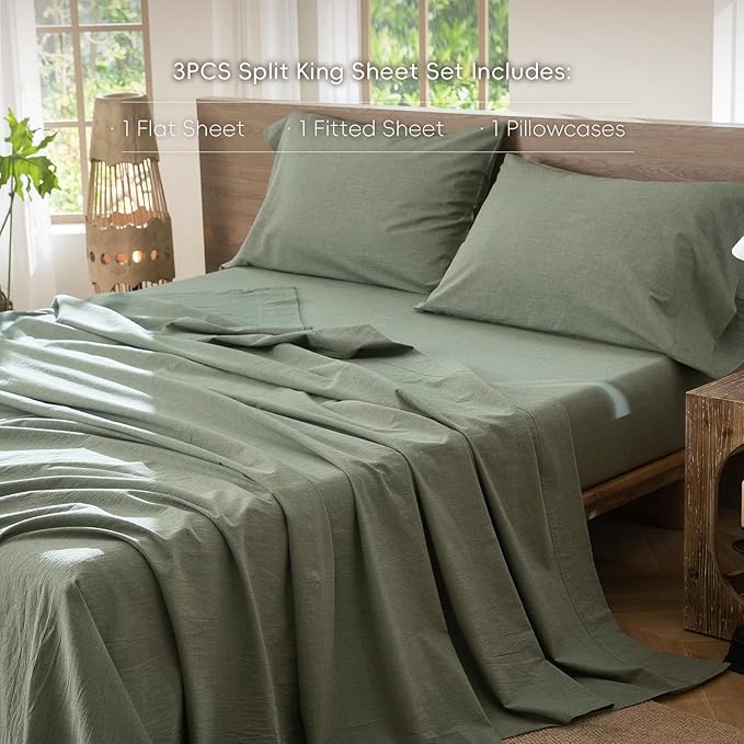 MooMee Bedding Sheet Set 100% Washed Cotton Linen Like Textured Breathable Durable Soft Comfy (Heathered Green, Twin)