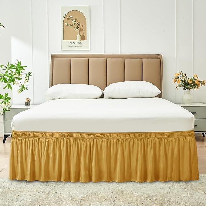 Biscaynebay Wrap Around Bed Skirts for King & Cal King Beds 14" Drop, Christmas Gold Adjustable Elastic Dust Ruffles Easy Fit Wrinkle Resistant Silky Luxurious Fabric Machine Washable