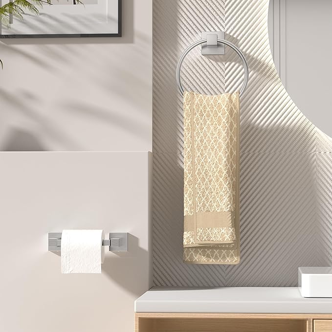 FORIOUS Toilet Paper Holder and Hand Towel Ring Set, SUS 304 Stainless Steel Double Post Pivoting Tissue Roll Holder Wall Mount, Modern Bathroom Hardware Accessories Set, Brushed Nickel
