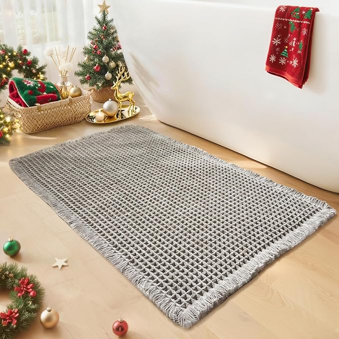 Waffle Bath Mat - Boho Bathroom Rugs Non Slip Washable, Super Absorbent & Quick Dry, Soft Bath Mat Farmhouse Bathroom Decor, 20'' x 32'', Light Grey