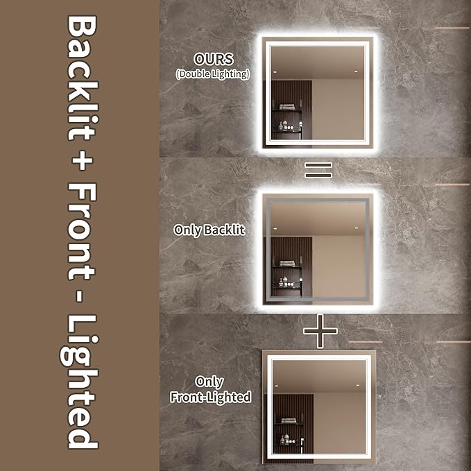 Bathroom Mirror with Lights 36"X36" with Front Light and Backlit, Tempered Glass, Wall Mount Horizontal/Vertical, Stepless Dimmable, 3 Colors, Anti Fog, Bathroom Memory LED Mirror
