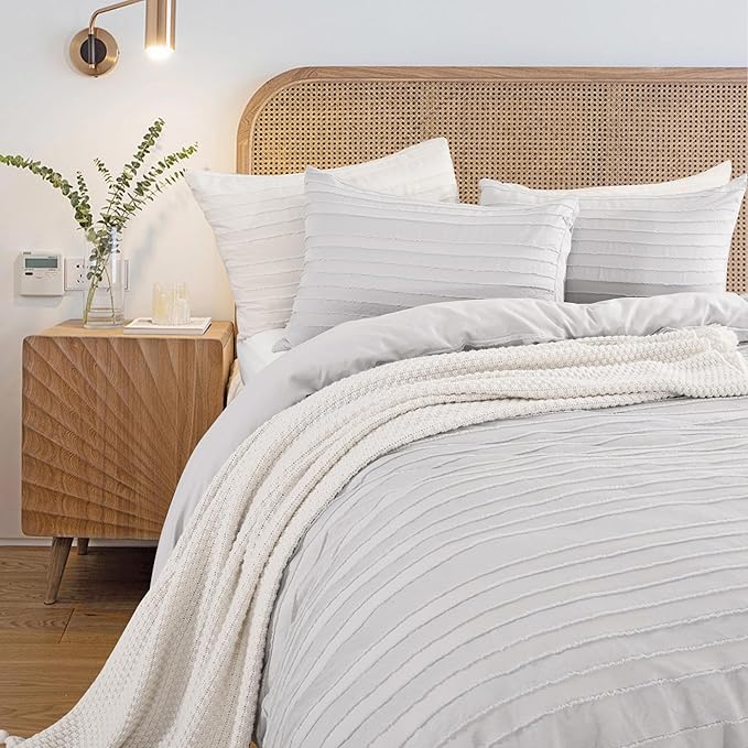 NEXHOME PRO California King Duvet Cover, Light Grey 3 Pieces Boho Tufted Duvet Cover Set, Soft and Lightweight Microfiber Comforter Cover Set (Light Grey Cal King, 104 x 98)-No Comforter