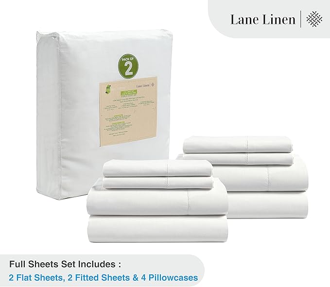 LANE LINEN 100% Organic Cotton Pure White Full Sheets Set, 4-Piece Pure Organic Cotton Long Staple Percale Weave Ultra Soft Best Bedding Sheets for Bed, Breathable, 15" Deep Pocket - White (2 Pack)