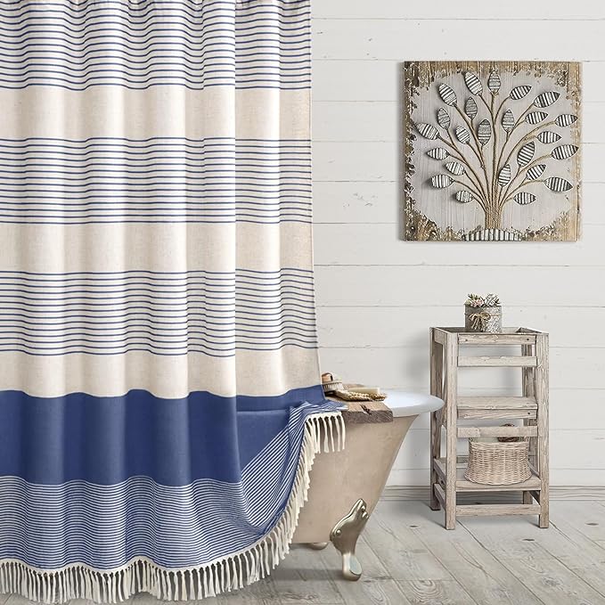 Awellife Blue Farmhouse Shower Curtains for Bathroom,Boho Flax Texture Striped Shower Curtain with Tassels Linen 72x72