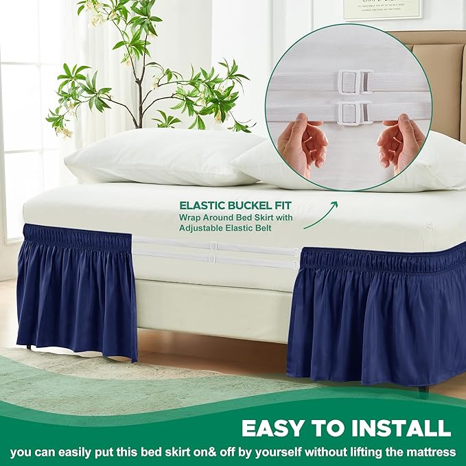 Biscaynebay Wrap Around Bed Skirts for Full & Full XL Beds Short Drop of 12", Navy Adjustable Elastic Dust Ruffles Easy Fit Wrinkle Resistant Silky Luxurious Fabric Machine Washable
