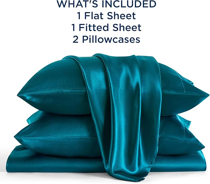 Bedsure Satin Sheets Full Size - 4 Piece Silky Bedsheets with 15 Inches Deep Pocket Fitted Bedsheet,1 Flat Sheet, 2 Satin Pillowcases, Good for Hair & Skin (Full, Teal)