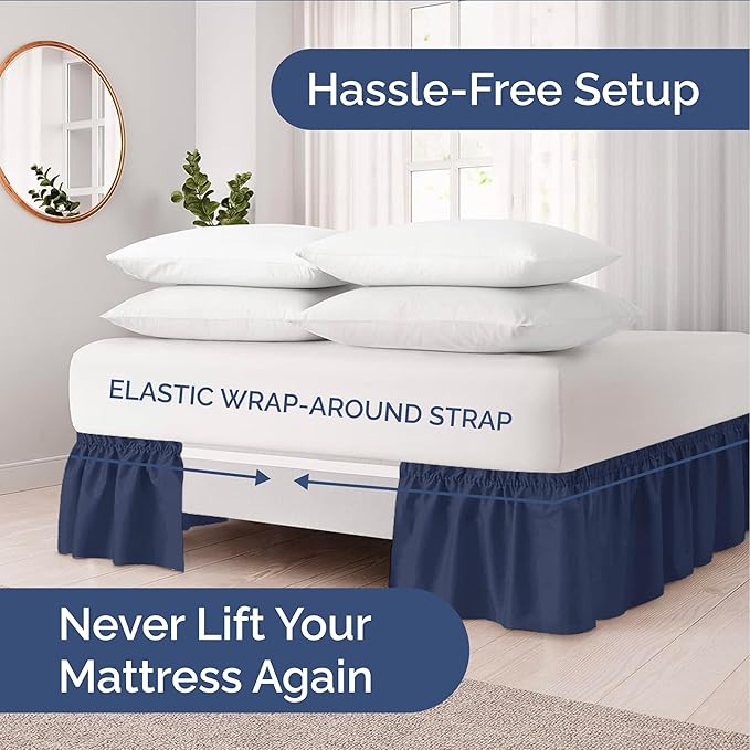 Wrap Around Dust Ruffle Bed Skirt - Navy Blue - for Full Size Beds with 12 Inch Drop - Elastic Strap - Adjustable Pleated Bedskirt with Brushed Fabric and Wrinkle Free - for Women, Men, Kids & Teens