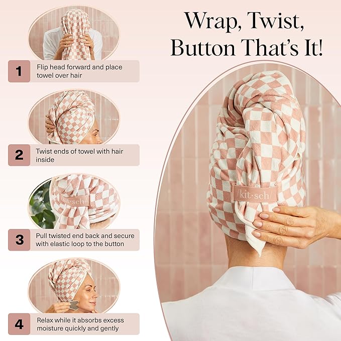 Kitsch XL Microfiber Hair Towel Wrap for Women – Ultra Absorbent Microfiber Towel for Wet, Curly, Long or Short Hair – Quick Dry, Anti-Frizz Hair Wrap – Terracotta Checkered, 40x24 inches