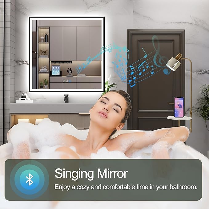S·BAGNO 36''x36'' LED Bathroom Mirror with Lights, Bathroom Vanity Wall Mirror with Buletooth, Anti-Fog, Stepless Dimmable, 3 Colors, Tempered Glass Lighted Vanity Mirror for Bathroom