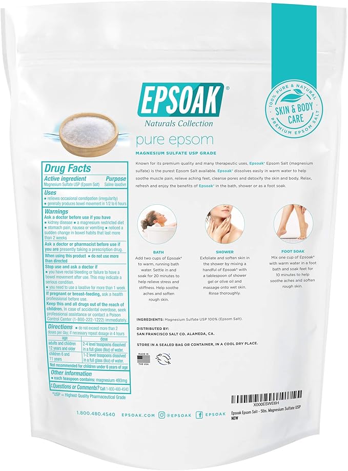 Epsoak Epsom Salt – 10 lb (Two 5 lb Resealable Bags), Magnesium Sulfate USP, Unscented, Made in USA, Perfect for Bath, Spa, and Soaking