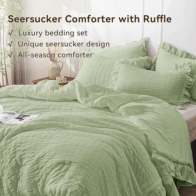 JOLLYVOGUE Sage Green King Comforter Set, 3 Pieces Seersucker Comforters King Size, Lightweight & Fluffy Bedding Sets King for All Season with 1 Ruffle Comforter and 2 Ruffle Pillowshams