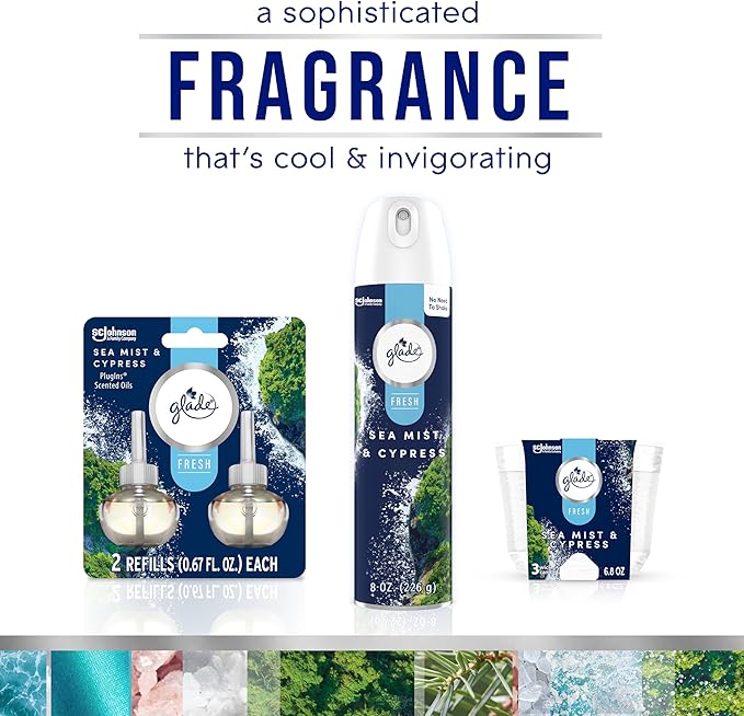 Glade 3-Wick Scented Candle Jar, Sea Mist & Cypress, Air Freshener Infused with Essential Oils, 6.8 Oz, 3 Count